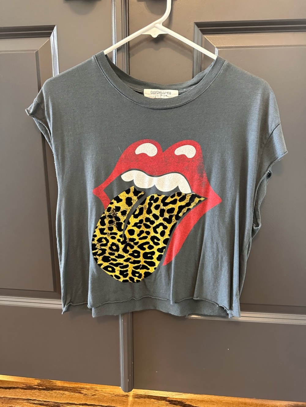 Free People Gray Crop Tee with Red Lips and Yellow Leopard Tongue